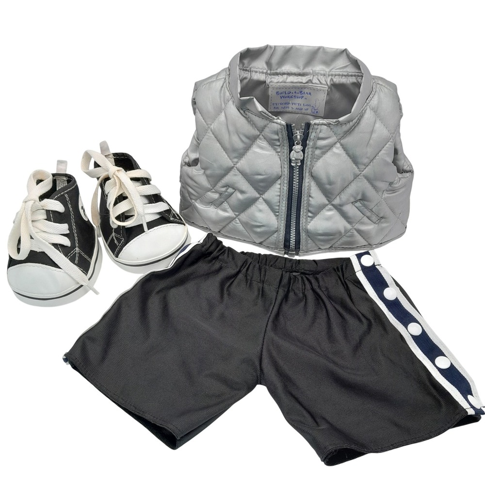 Build-A-Bear Workshop Silver Puffer Vest Black Shorts and High Top Shoes Set